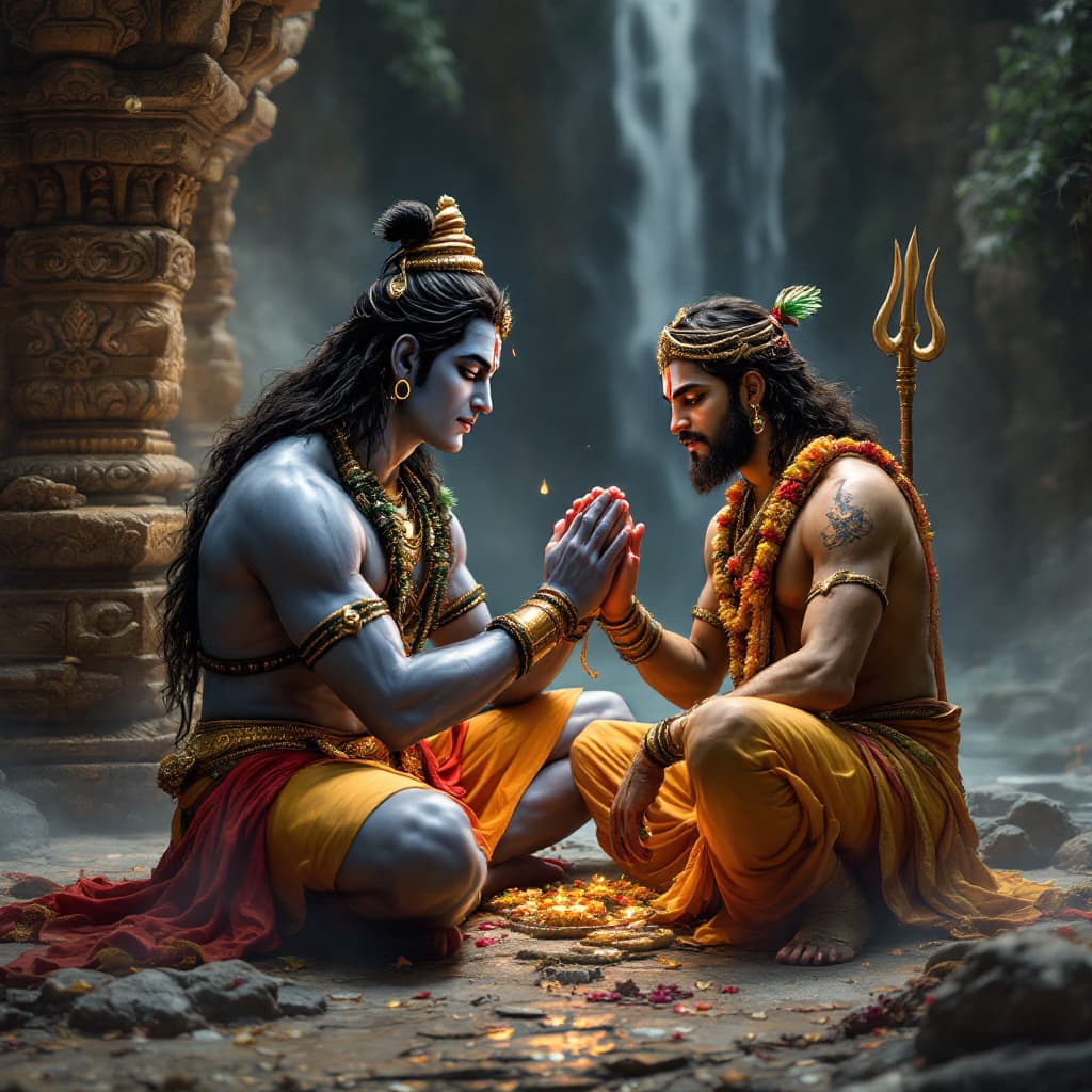 AI generated: Lord hanuman praying to lord shiva

