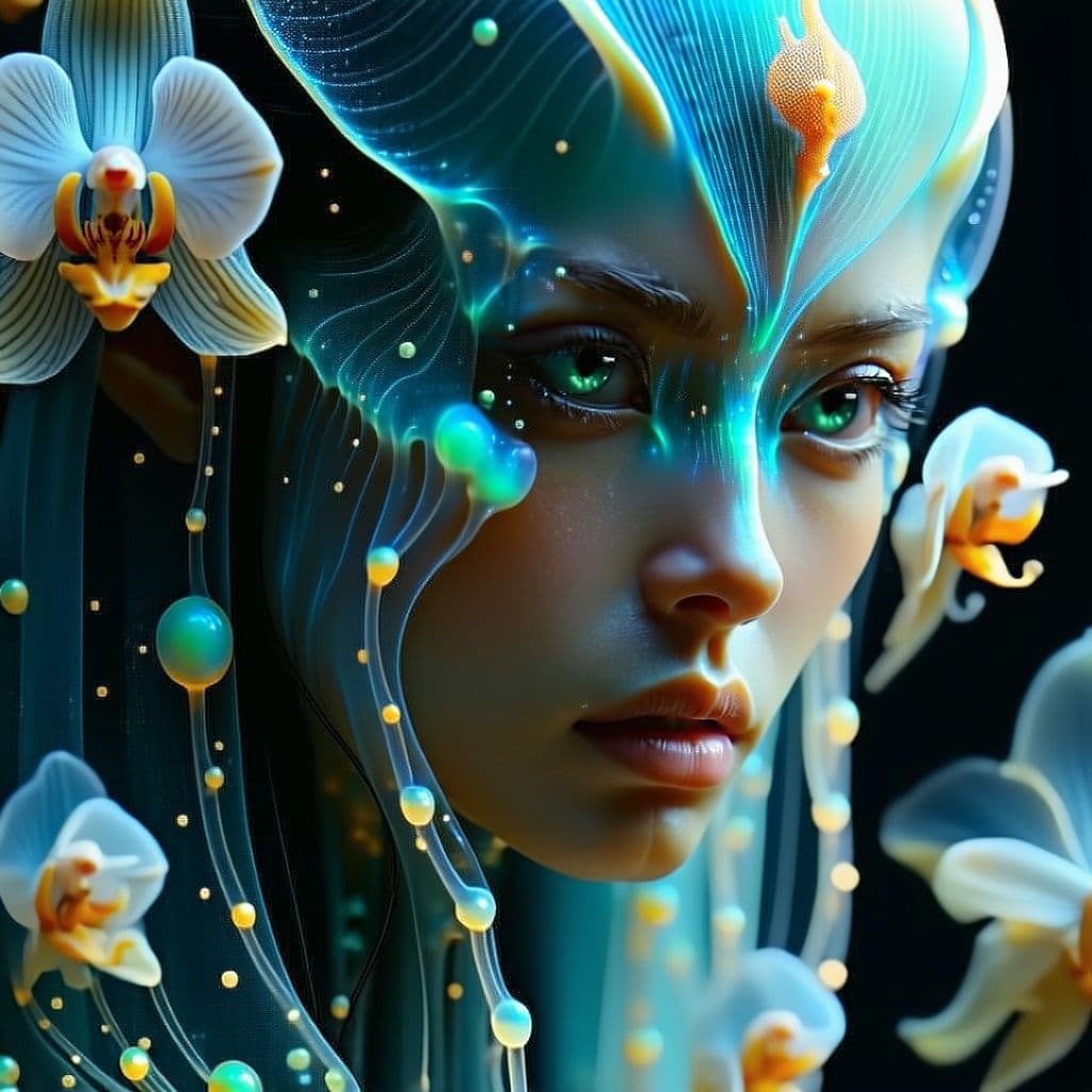AI generated: Goddess close-up portrait ribcagel. jellyfish phoenix head, nautilus, orchid, skull, betta fish, bio...