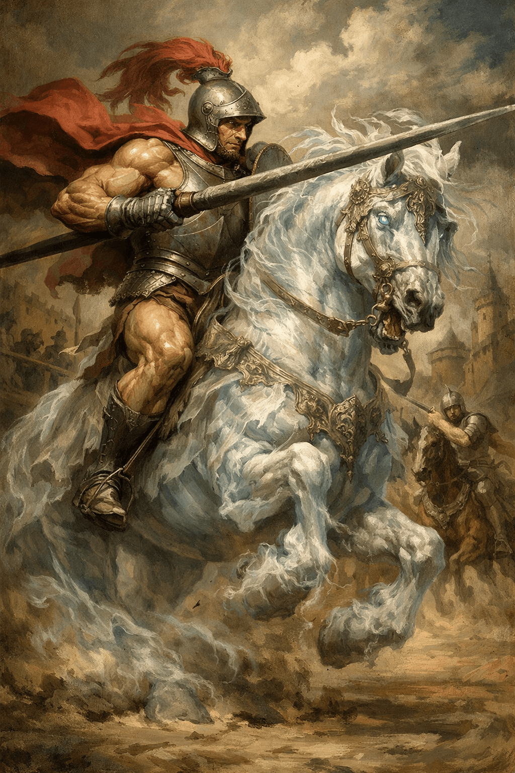AI generated: fantasy knight jousting on a spectral horse