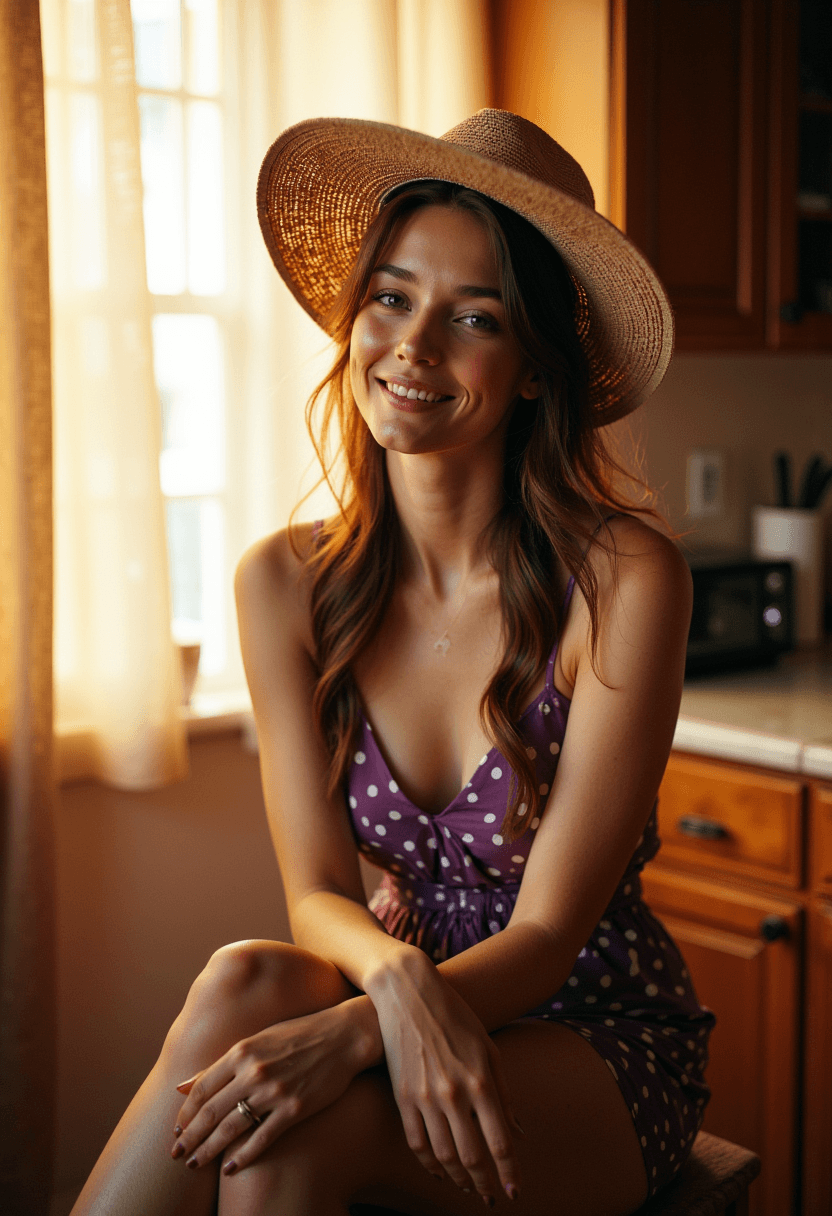 AI generated: A serene woman sits on a wooden stool, surrounded by the warmth of a kitchen counter, as diffused su...