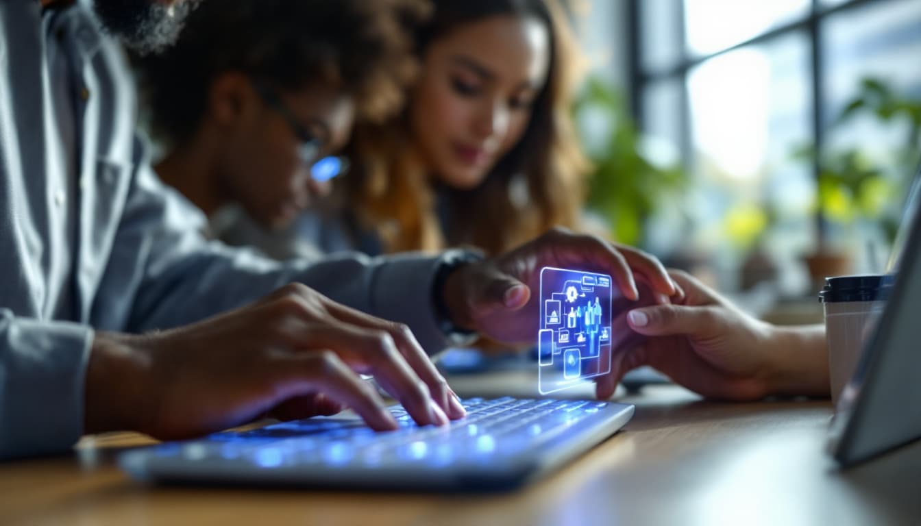 AI generated: `/imagine prompt: Tech startup team presenting new app, focus on hands:

African American developer'...
