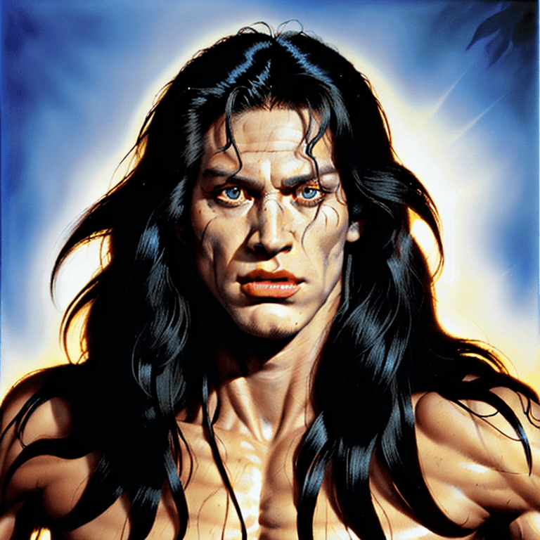 AI generated: wild tarzan alien humanoid hybrid beast with long crazy spiky messy hair, detailed clear portrait, p...