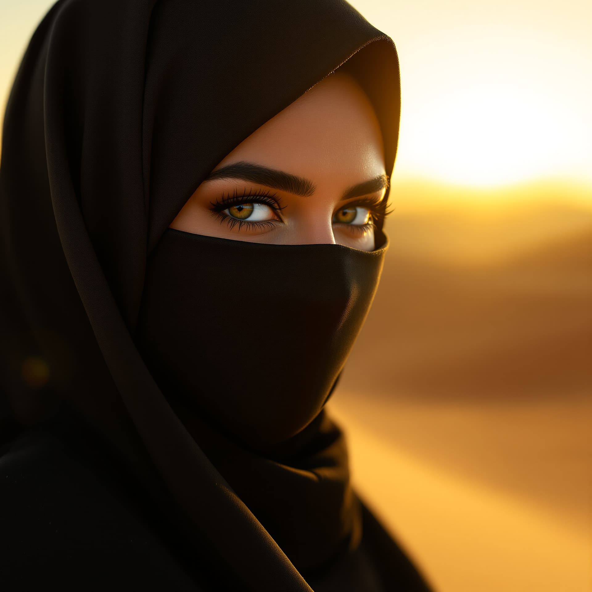 AI generated: cinematic portrait of a beautiful Arab woman wearing a black niqab, only her mesmerizing kohl-rimmed...