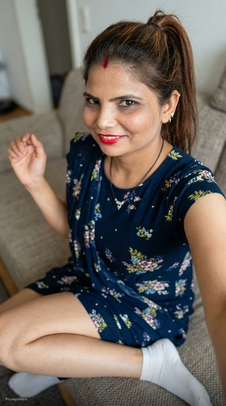 AI generated: looking at me. Sitting on a couch, wearing same cleavage bodycon saree dress and white socks, teasin...