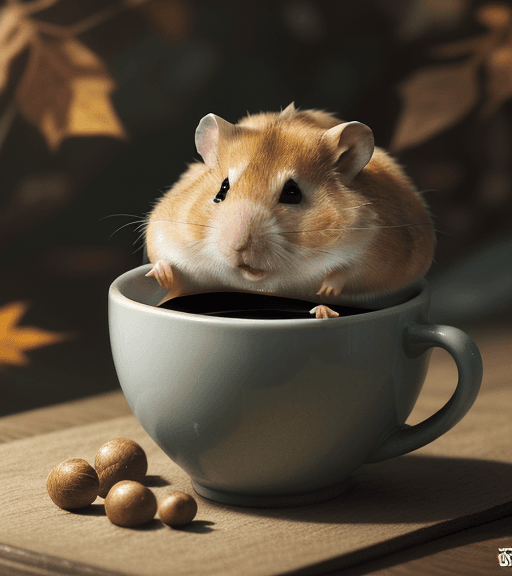 AI generated: a tired and sleepy hamster who is tired and slightly grumpy, is drinking a cup of coffee in an attem...