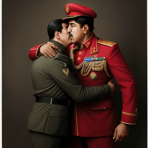 AI generated: Nicolas Maduro is kissing Hugo Chavez, military suit, by Annie Leibovitz