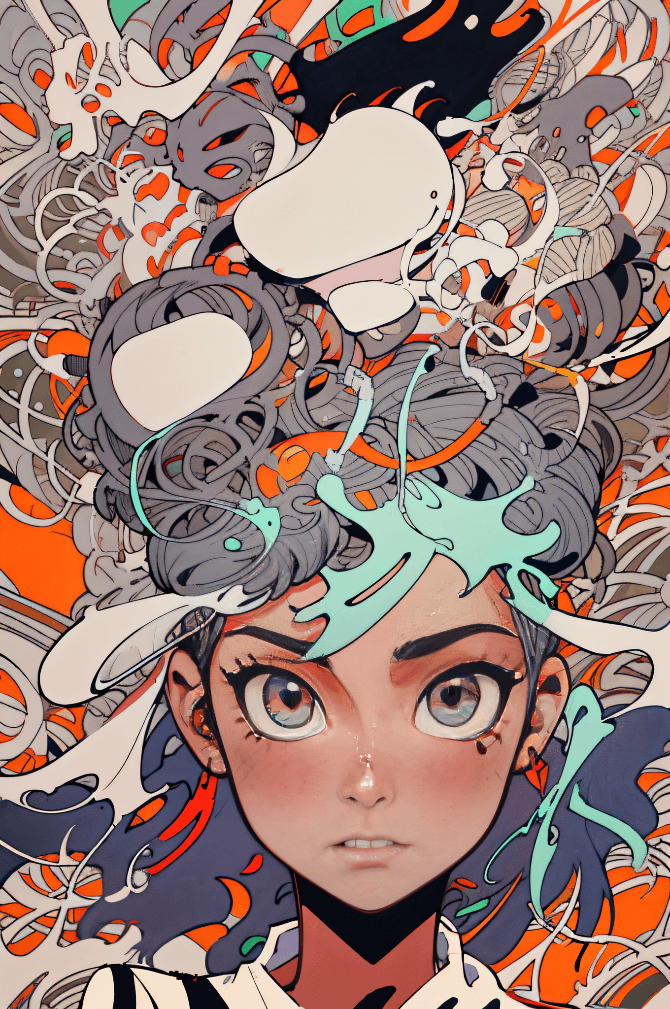 AI generated: 1girl, cel shading, bold outlines, flat colors, sharp shadows, graphic style, (manga influence:1.3),...
