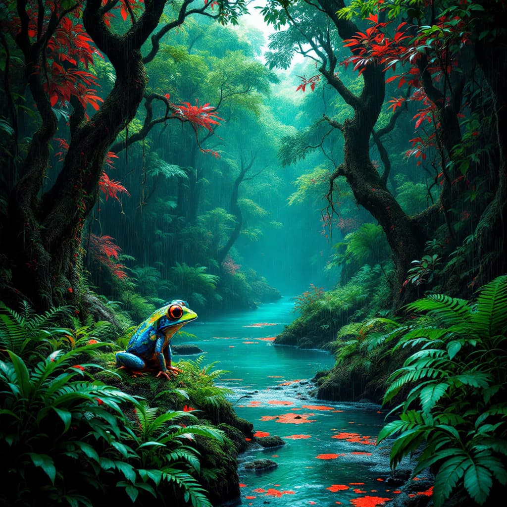 AI generated: A surreal Ecuadorian rainforest, drenched in golden rain, bathed entirely in shades of green. Toweri...