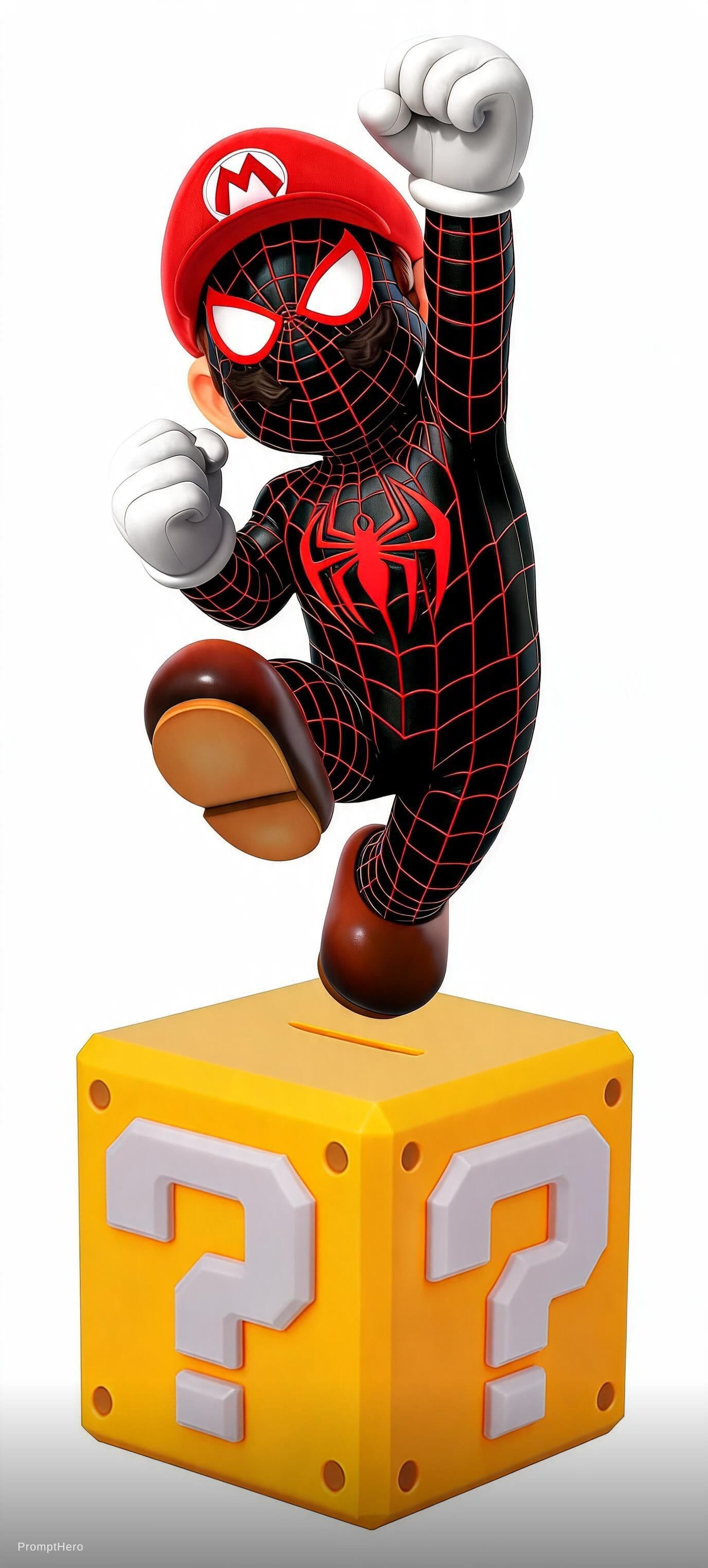 AI generated: take the spider person in the first picture and add him ontop of the cube from the second picture. c...