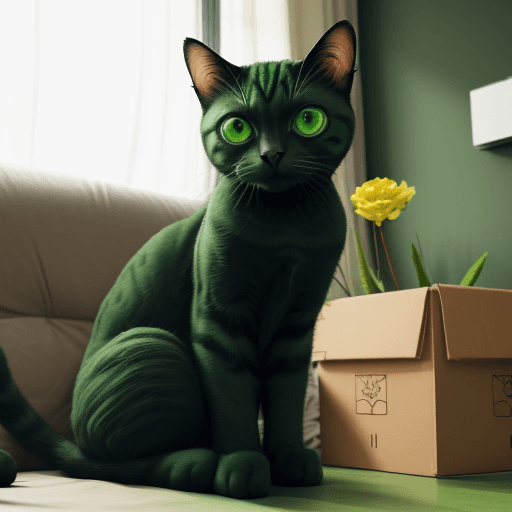 AI generated: A green cat with big eyes is sitting on a couch in an apartment holding a percent sign. There are bo...