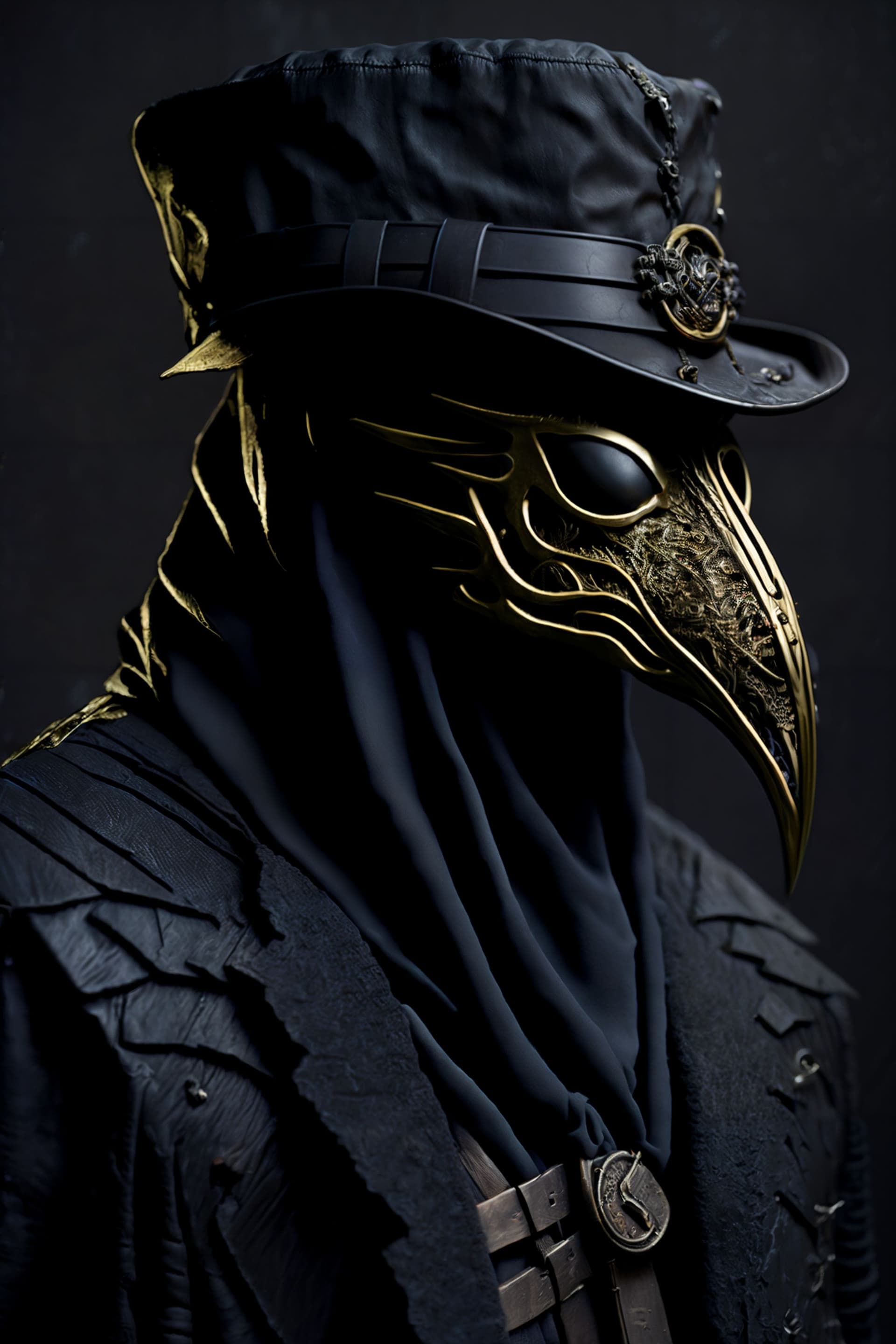 AI generated: award winning studio photo of the grim reaper,( plague doctor mask:1.2), golden filigree, low key, h...