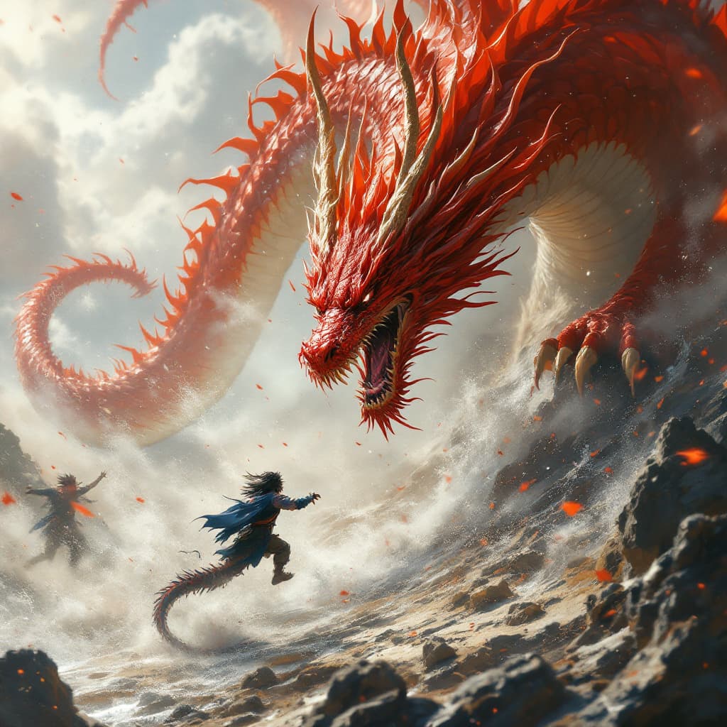 AI generated: Dragon fight scene Quality:(Quality, 4k, High Definition, Masterpiece: 1.2), Very Fine, (Fantasy Art...