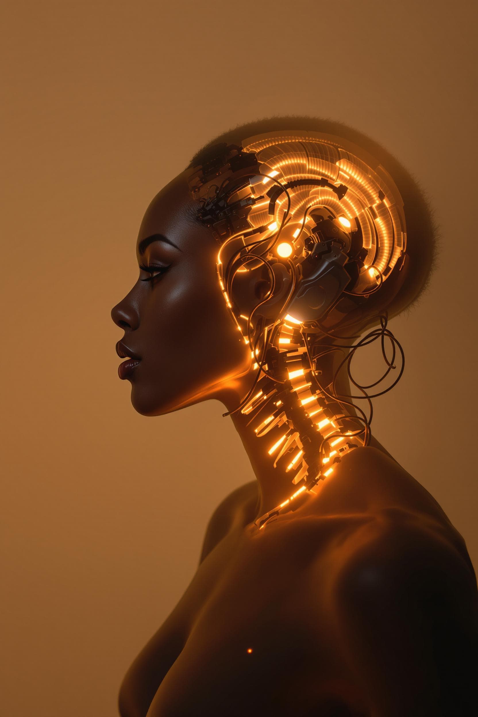 AI generated: The image depicts an African American woman's side profile with an illuminated skeletal structure, s...