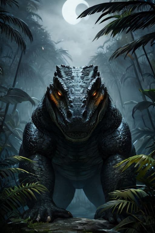 AI generated: Hyper realistic eye level exterior photo of crocodile monster, in the jungle, at nighttime, fantasy ...