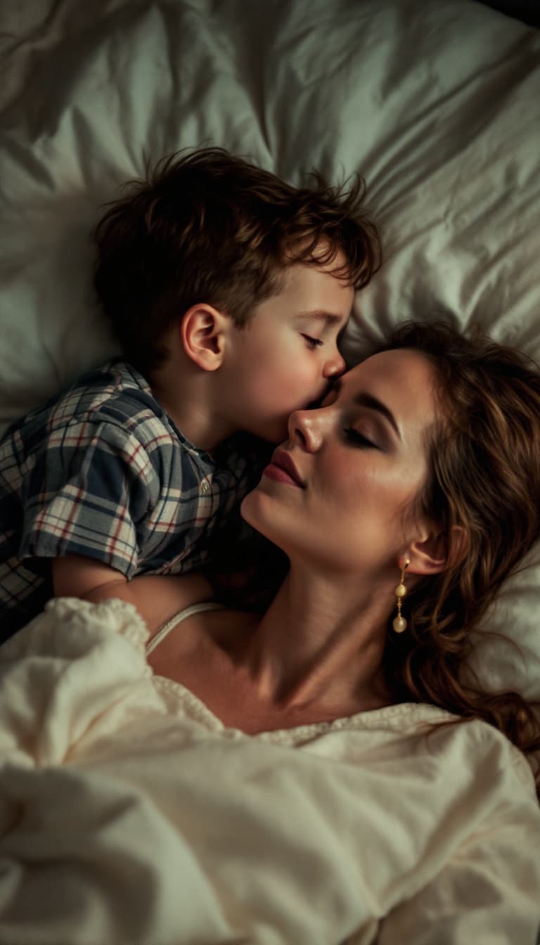 AI generated: Kid boy is kissing Hayley Atwell, together , kid boy and a woman , lullaby , night, low light.