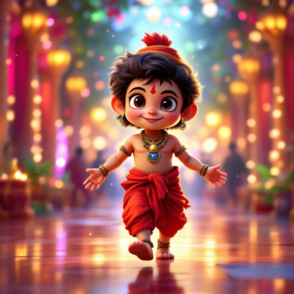 AI generated: "A cartoon-style young Lord Hanuman walking confidently in a vibrant festive scene, radiating childl...