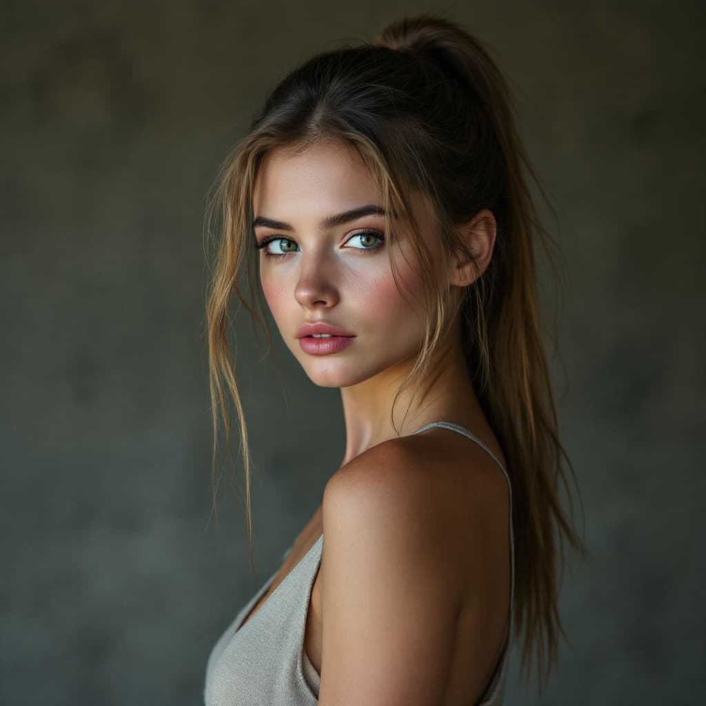 AI generated: realistc photo of 1 woman, upper body, 18 year old, sleeveless top, hairy armpits, straight hair, fr...