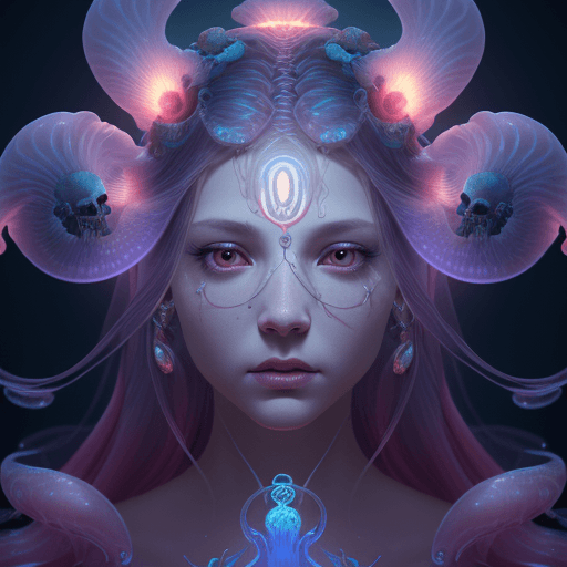 AI generated: Goddess close-up portrait ribcagel. jellyfish phoenix head, nautilus, orchid, skull, betta fish, bio...