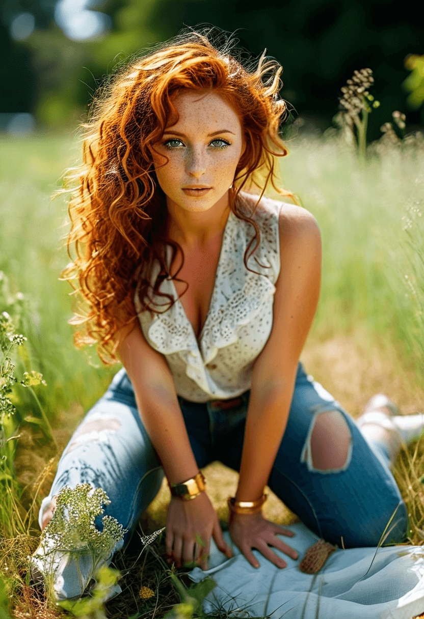 AI generated: breathtaking woman, spiral curls, long auburn hair, (freckles:0.6), staring at the viewer, kneeling ...