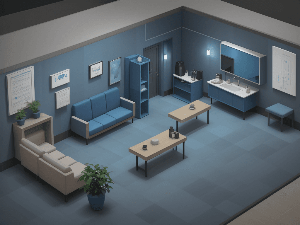 AI generated: medium rest room, in a blue tone, with sofa, bench with coffee, simple corporate environment, televi...
