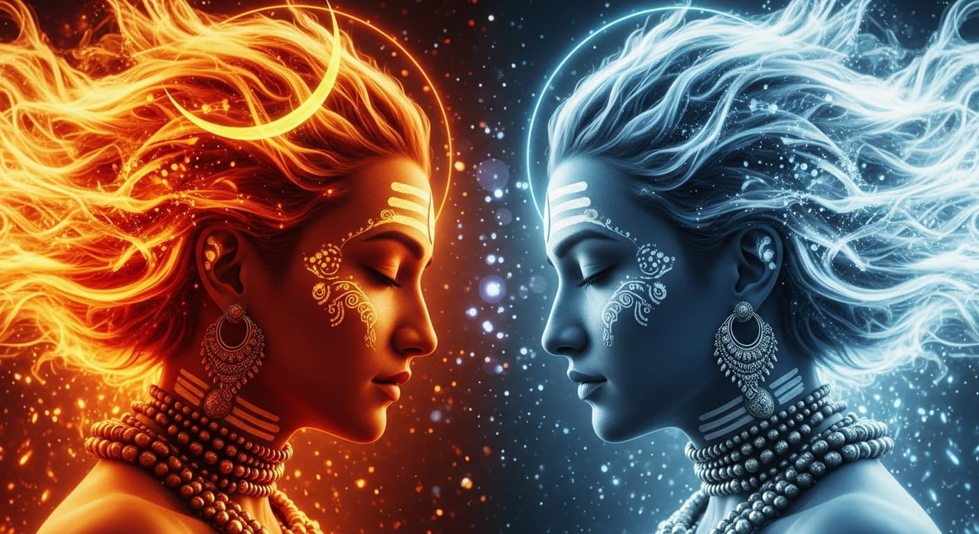 AI generated: YouTube thumbnail 16:9, two side profiles, forehead to forehead, perfect mirrored composition. Left ...