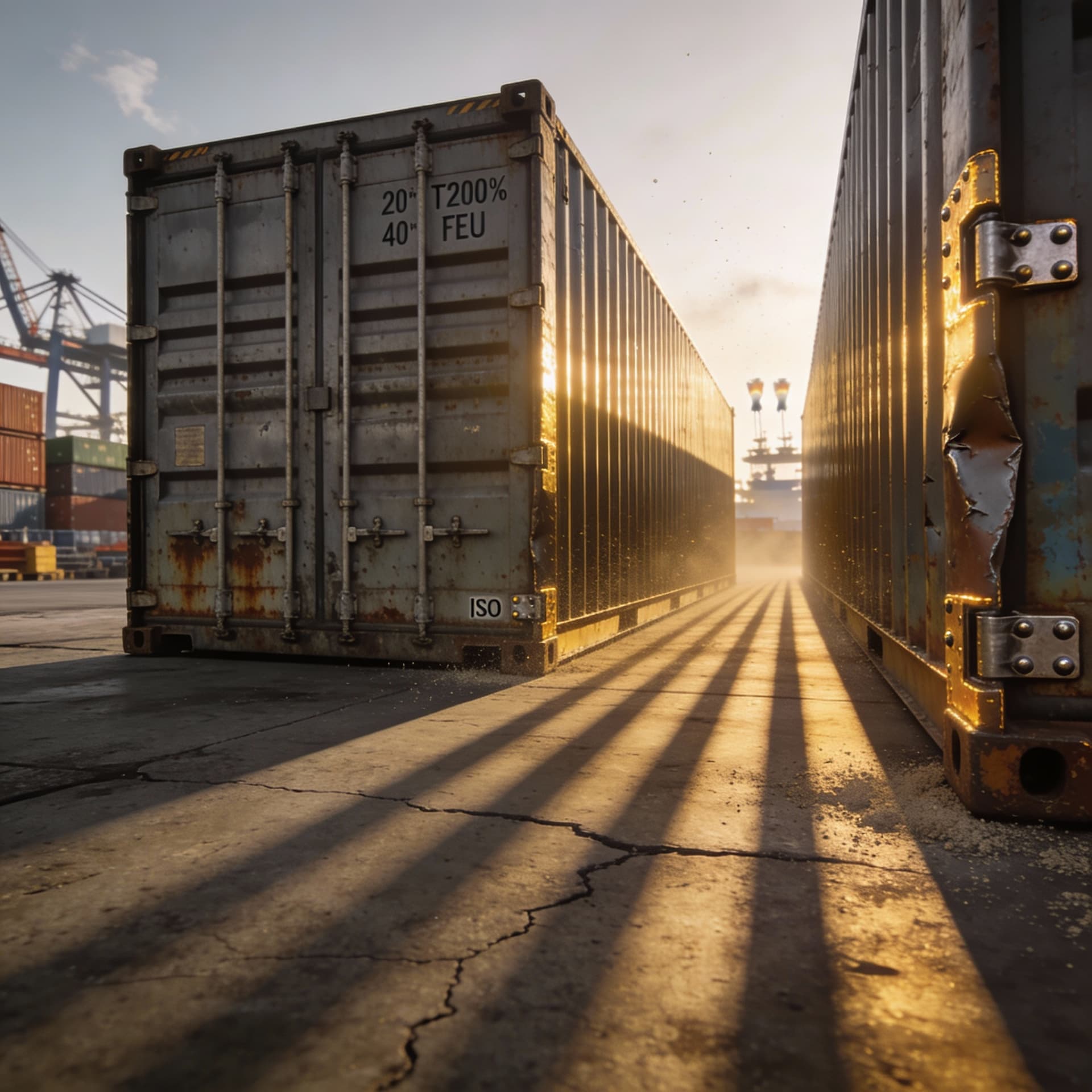 AI generated: **Prompt:** A photorealistic, cinematic wide-angle shot of a commercial shipping yard at golden hour...