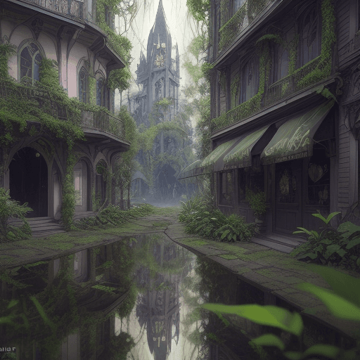AI generated: perspective, curious old secret town of vampire hunter d, cascading cafe shops and potion shops, art...