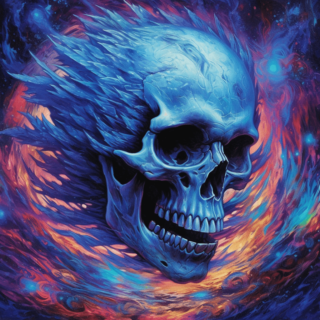 AI generated: Alien skull is distorted by the twists and turns of a humanoid alien with dark hair, in the style of...