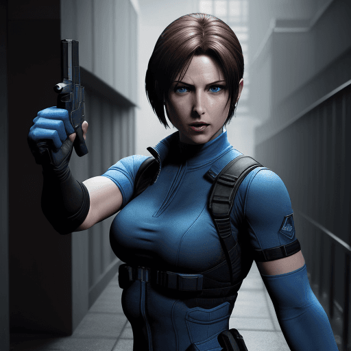 AI generated: Hyper realistic eye level exterior photo of a Jill valentine from resident evil 3 remake pointing a ...