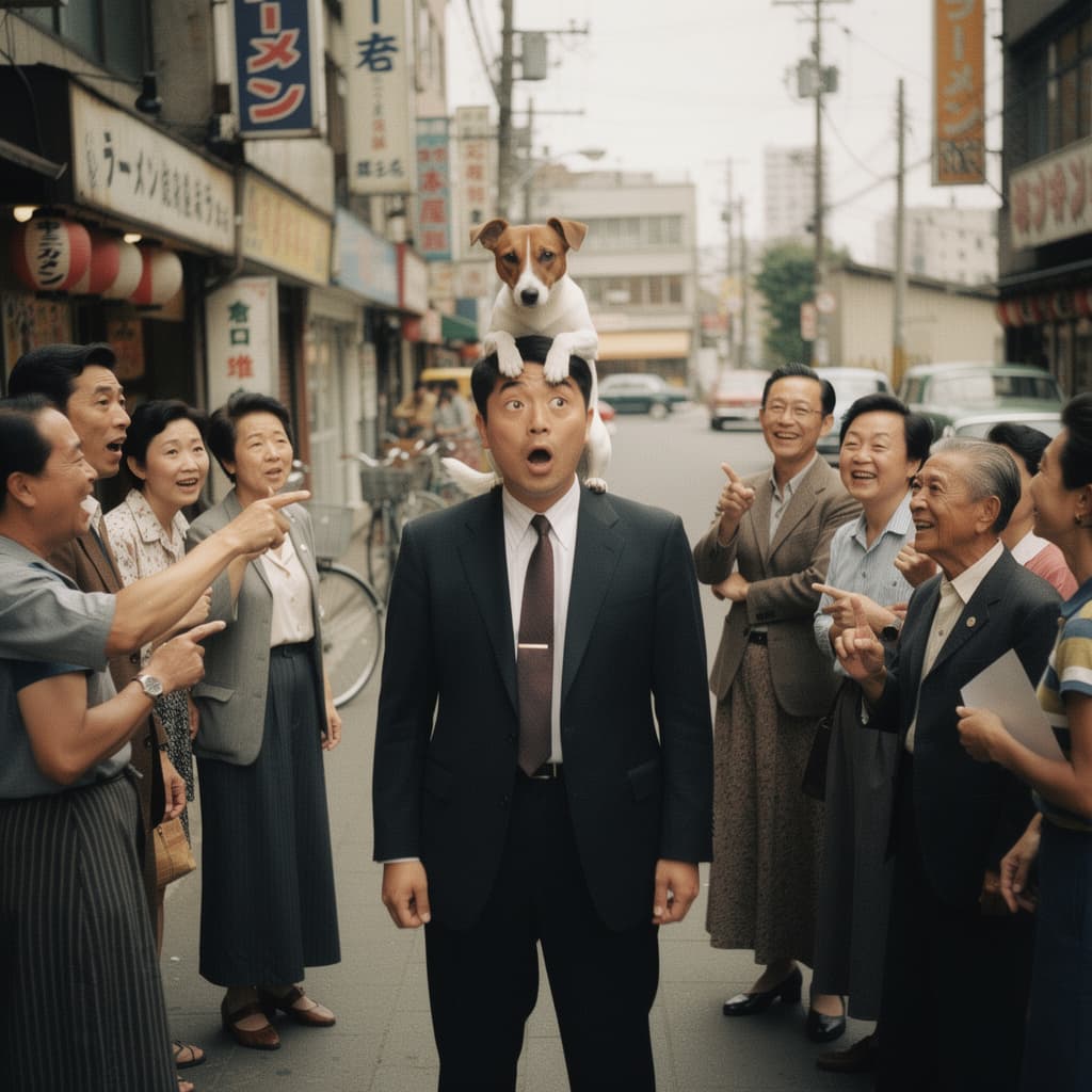 AI generated: Een Jack Russell staat met vier poten boven op het hoofd van een man in het Tokio van de jaren 60. E...