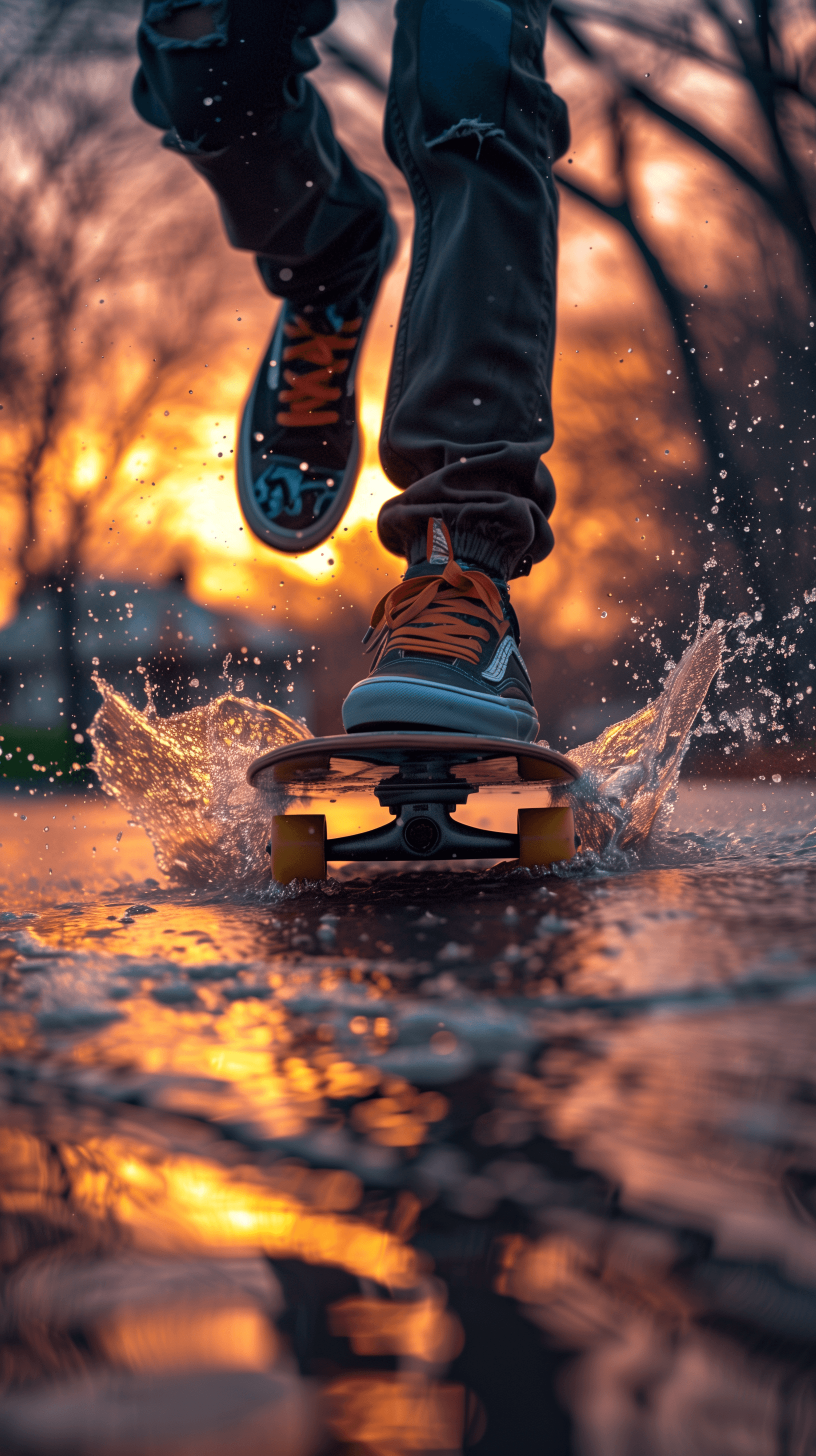 AI generated: dynamic, high-speed action, encapsulated in a warm, vibrant sunset backdrop, a tight crop focusing o...