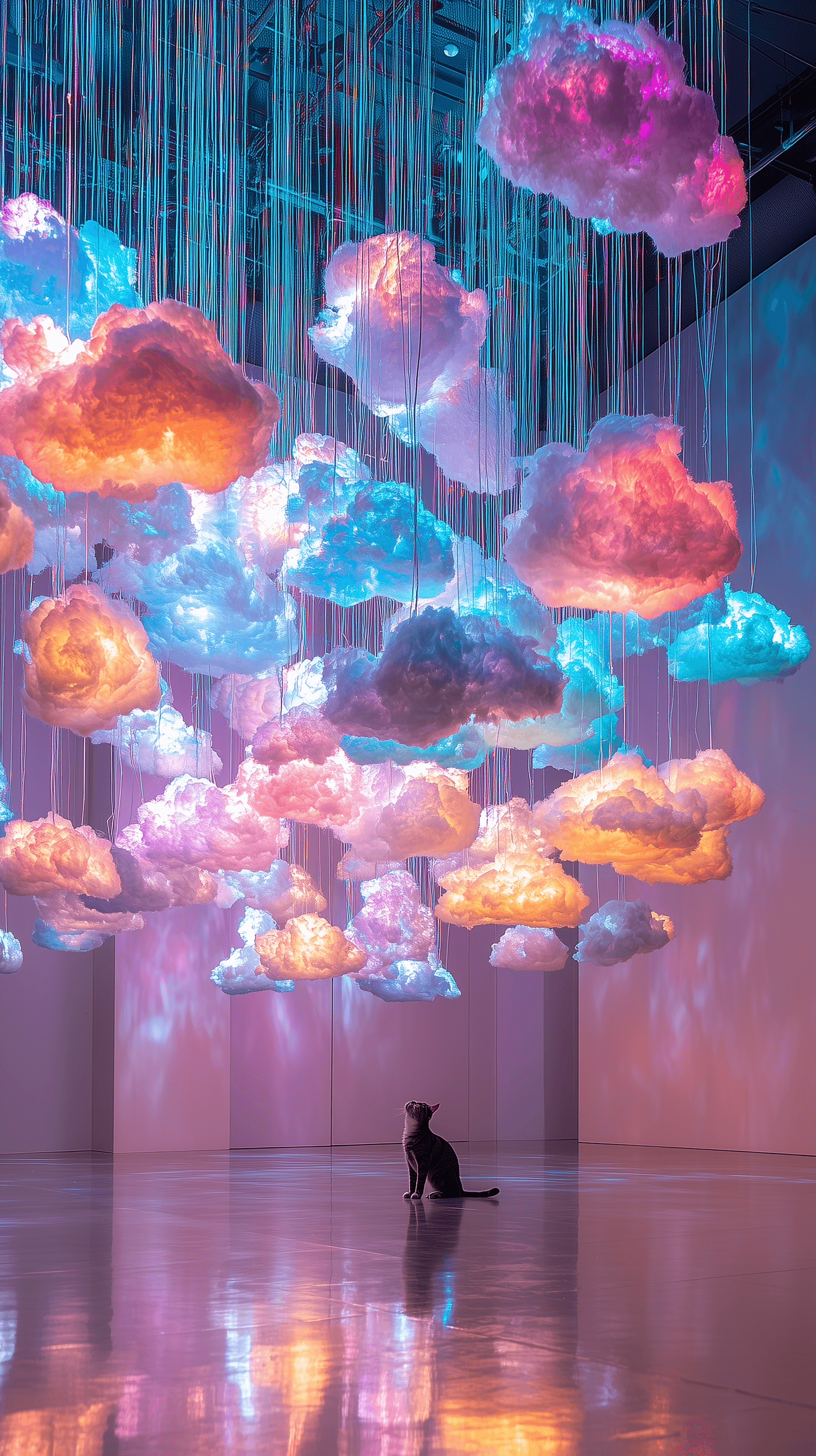 AI generated: surreal fine art photography, art installation multicolored clouds suspended from the ceiling, cloud...