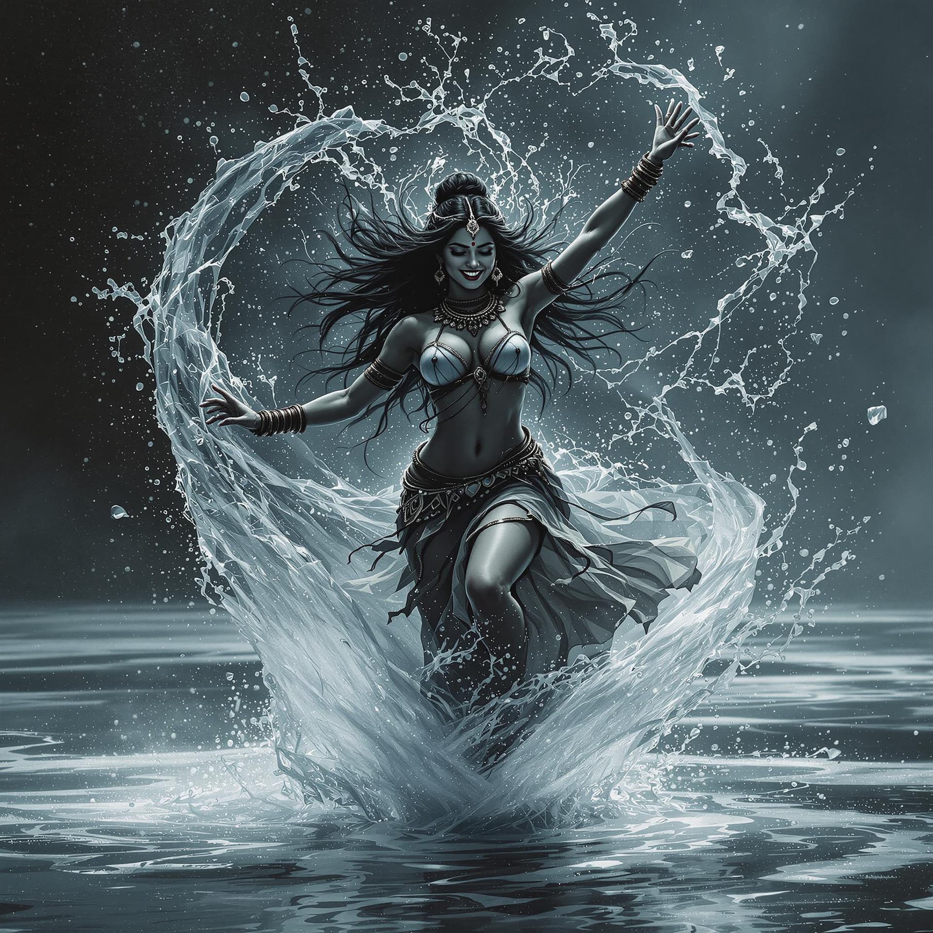 AI generated: A cheerful beautiful Indian girl, dancing, drkms,(full body:1.1), on Thin Ice,drkms, water-bender,ch...