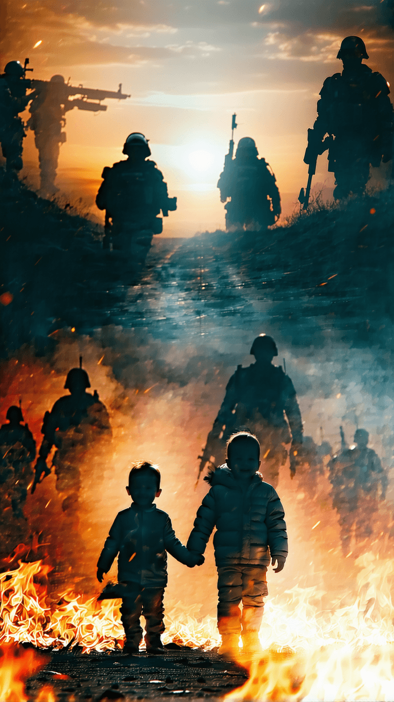 AI generated: Triple exposure,war,peace,death and a happy family portrait background,cinematic lighting,spot light...