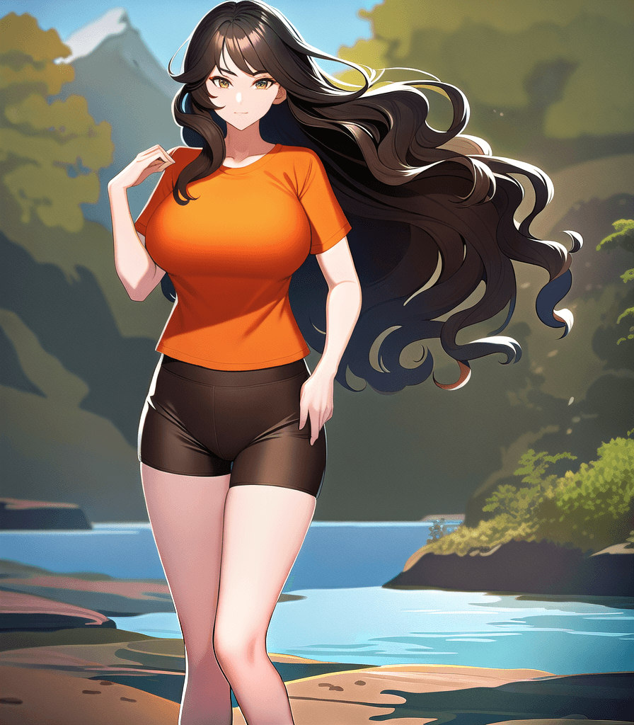 AI generated: (perfect anime illustration), 1girl, wavy hair, long brown hair, (huge breasts:1.2), mountains, tree...
