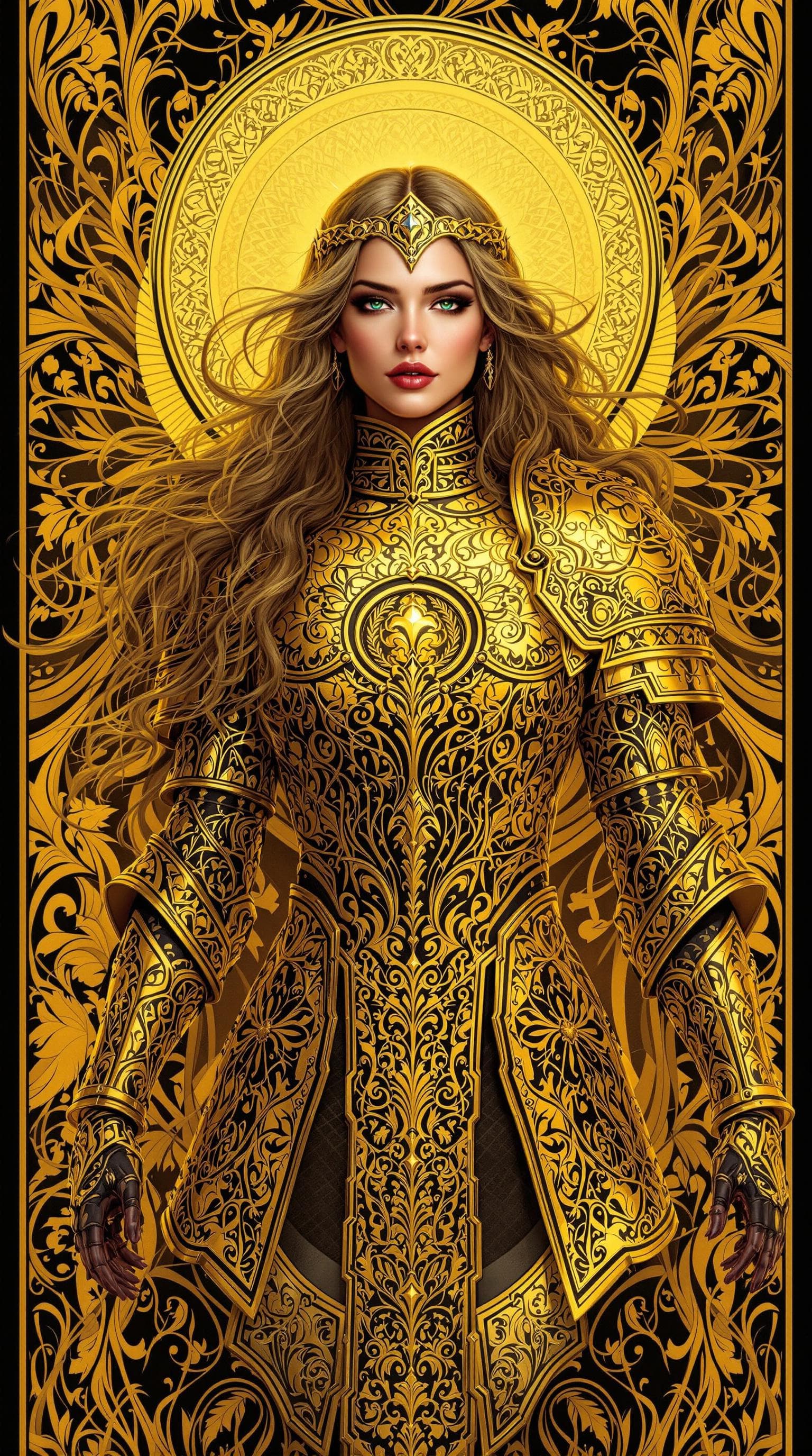 AI generated: beautiful strong woman in a shining golden armor (intricate design golden armor), offset printing, f...