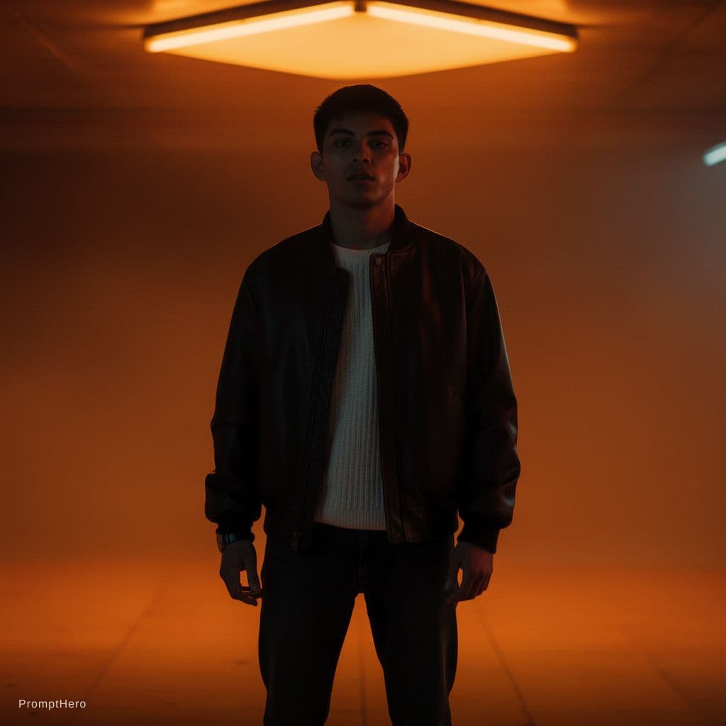 AI generated: editorial photography, male model, 50mm f/1.2 RF lens, f/2.8 set, 1/160s, iso 100, gradient neon ora...