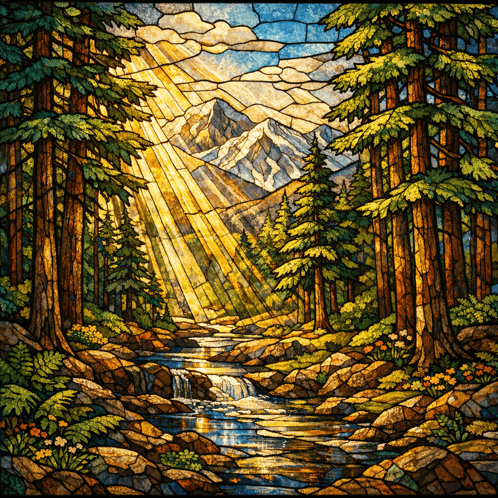 AI generated: an intricate stained glass art piece of a beautiful pine forest ,Rays of sunlight shine through the ...
