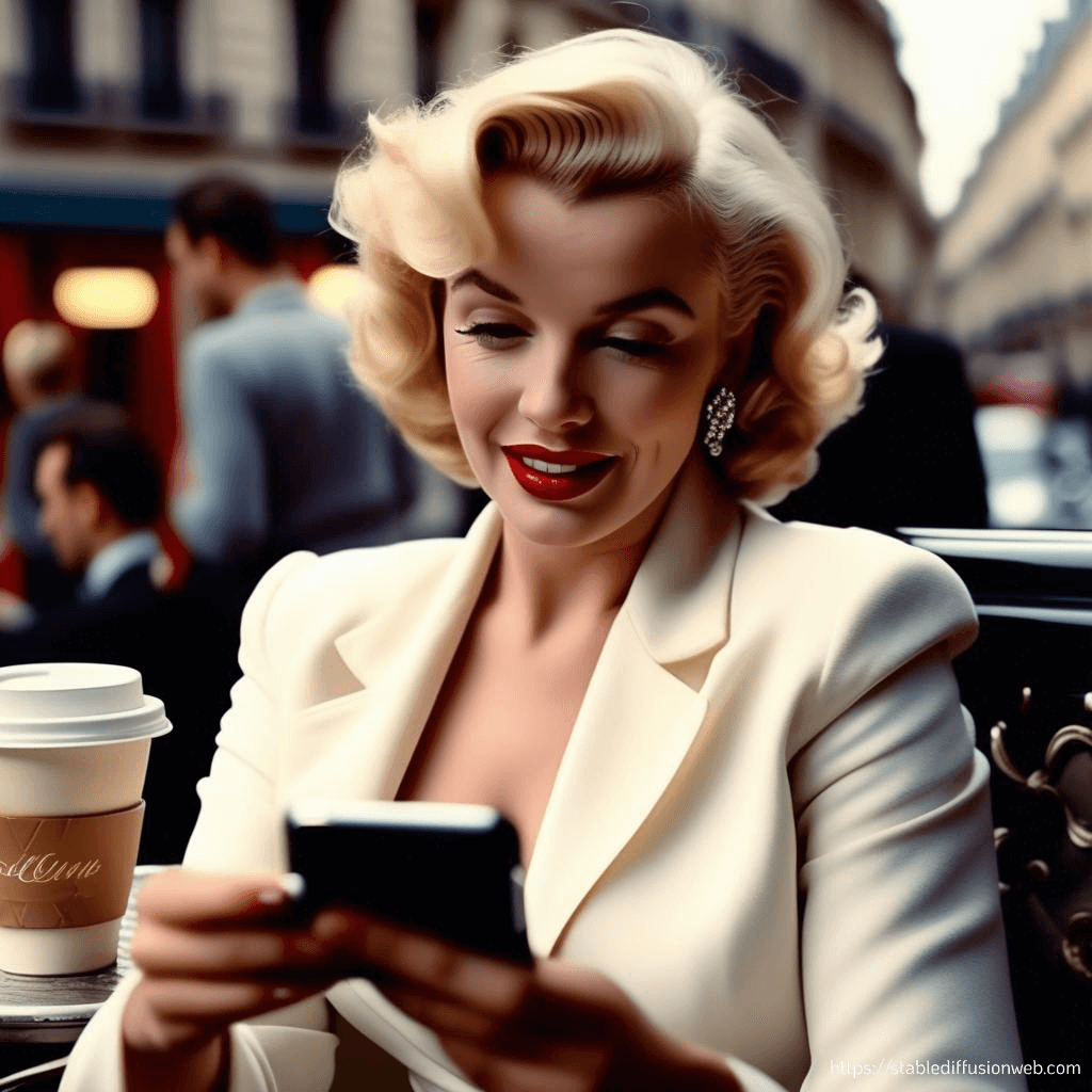 AI generated: Close-up of the attractive, elegant, beautiful, sensual and cheerful Marilyn Monroe, using a smartph...