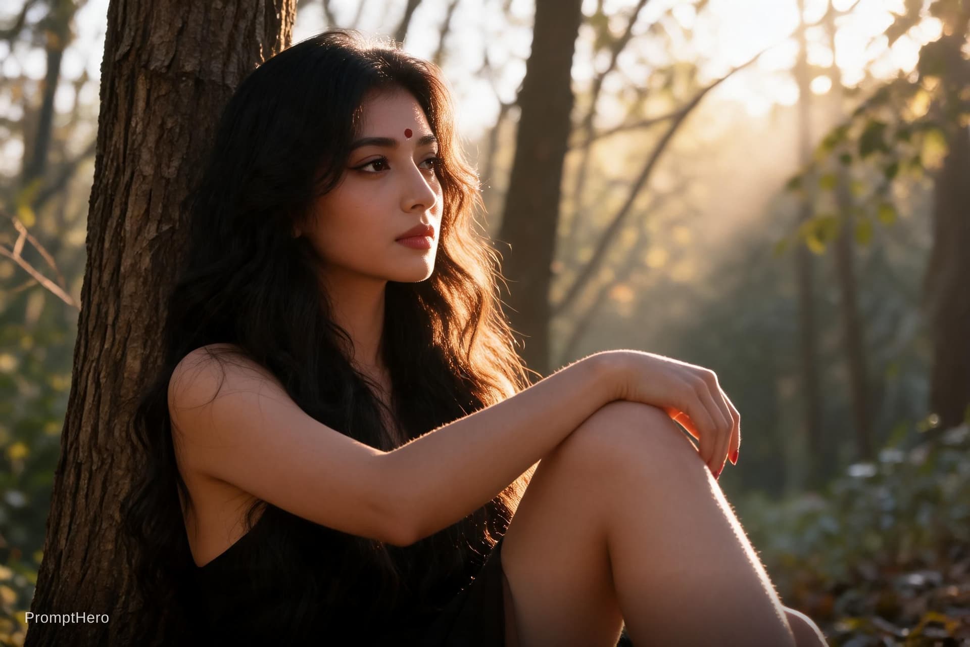 AI generated: A full-body, photorealistic cinematic portrait of a topless woman seated in a sun-drenched forest cl...