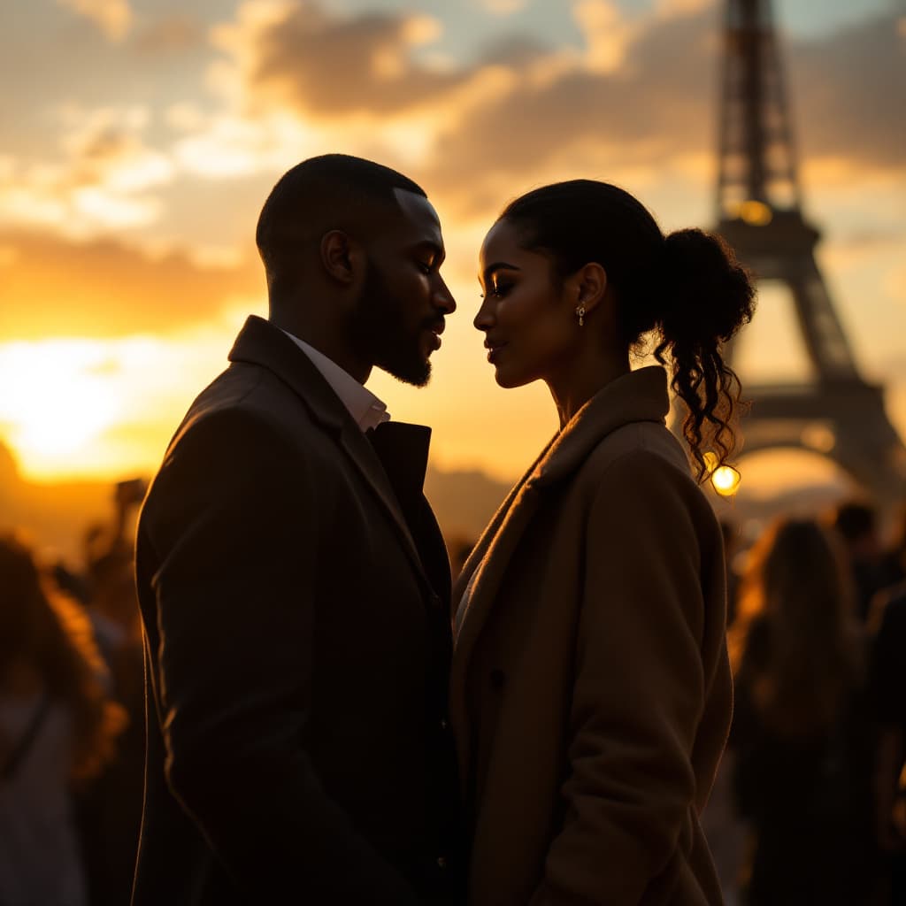 AI generated: A black loving man and his fiancée standing in front of the Eiffel Tower in Paris, gazing deeply int...