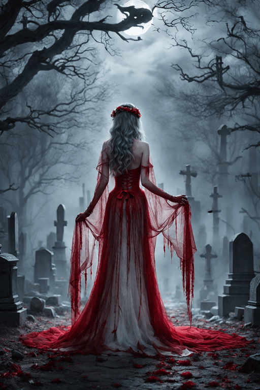 AI generated: Living dead bride, blood stained dress, macabre graveyard landscape, Around a gloomy fog, on a spook...