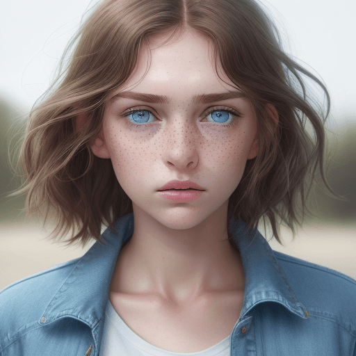 AI generated: A hyper-realistic image of a young girl with a light sprinkle of freckles, large pale blue eyes, and...