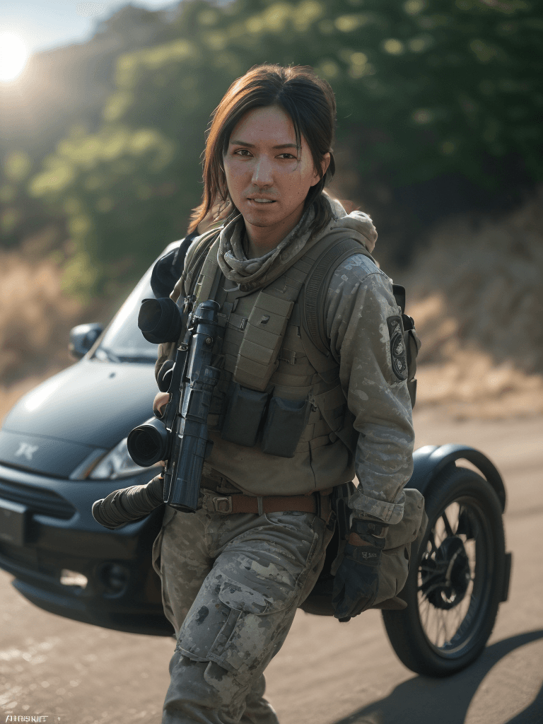 AI generated: portrait of a sniper hopping out a minivan, ultra realistic, 8k full HD, low angle, unreal engine 5,...