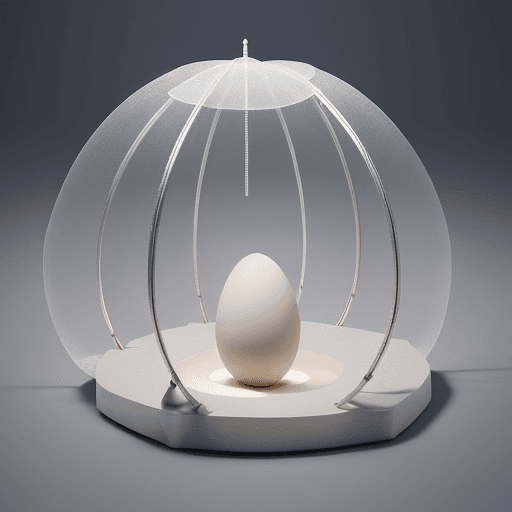 AI generated: "Behold a marvel of design—an egg-shaped tent structure that emanates a soft glow. Crafted from alum...