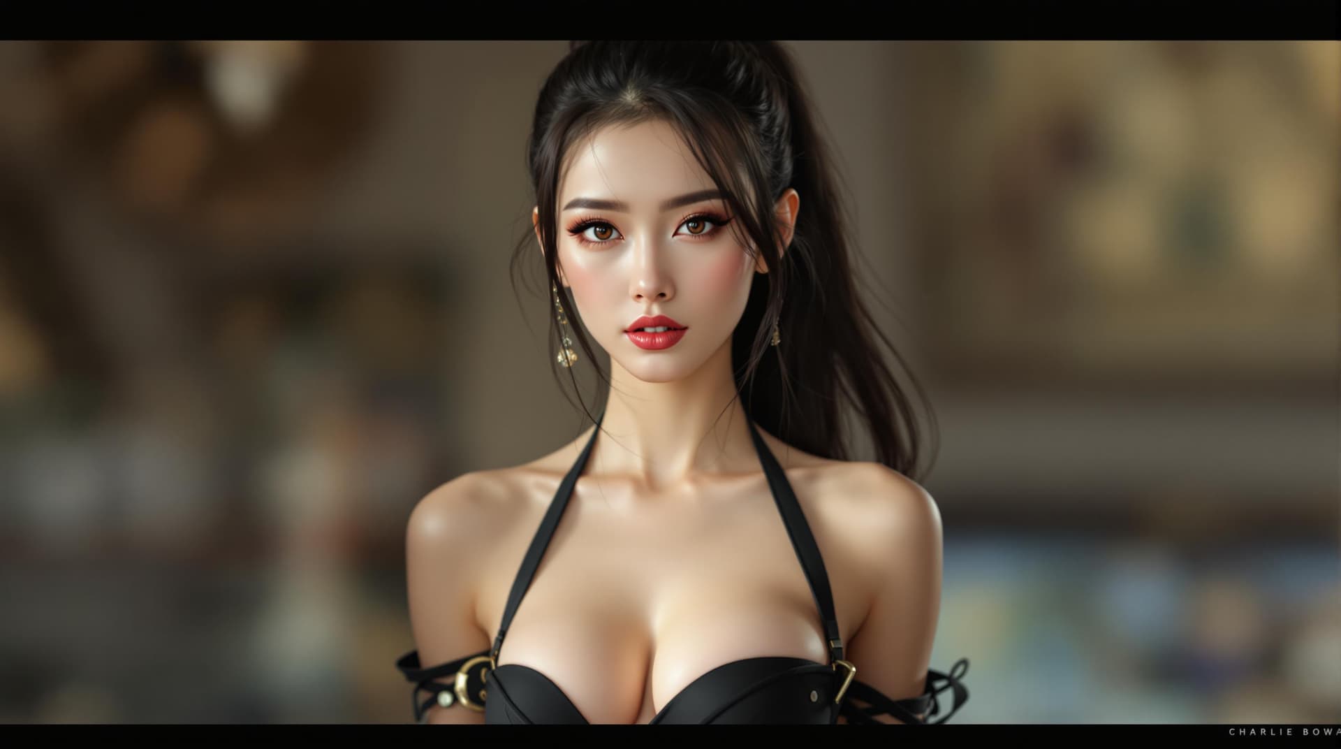 AI generated: Sweet, cool, Hong Kong-style beauty, halter tops, strapless, high ponytail hairstyle, frontal, dew m...
