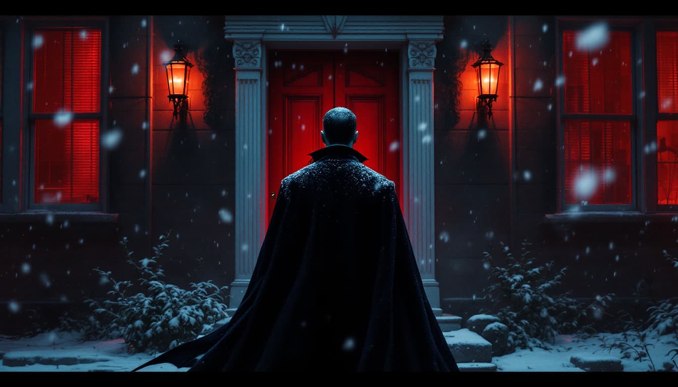 AI generated: A vampire man stands at the closed door of a house. It is snowing red