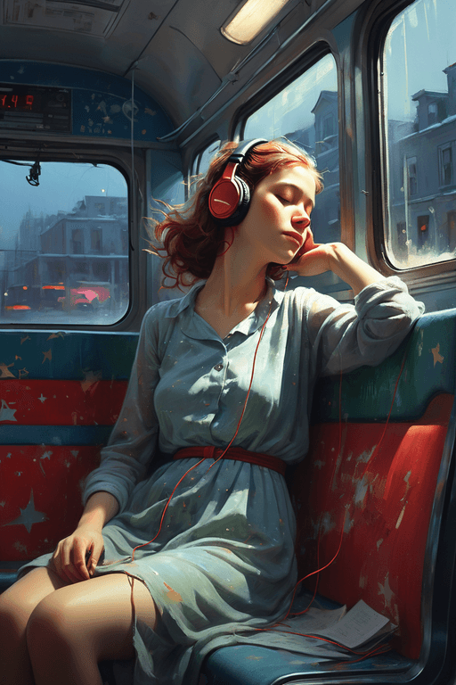 AI generated: girl, headphones, sleeping, in bus, star map outside,  in the style of Pino Daeni,  outside shine,, ...