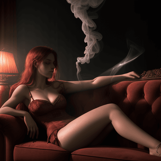AI generated: photography, dimly lit room with a hazy atmosphere, capturing a female figure lounging on a deep cri...
