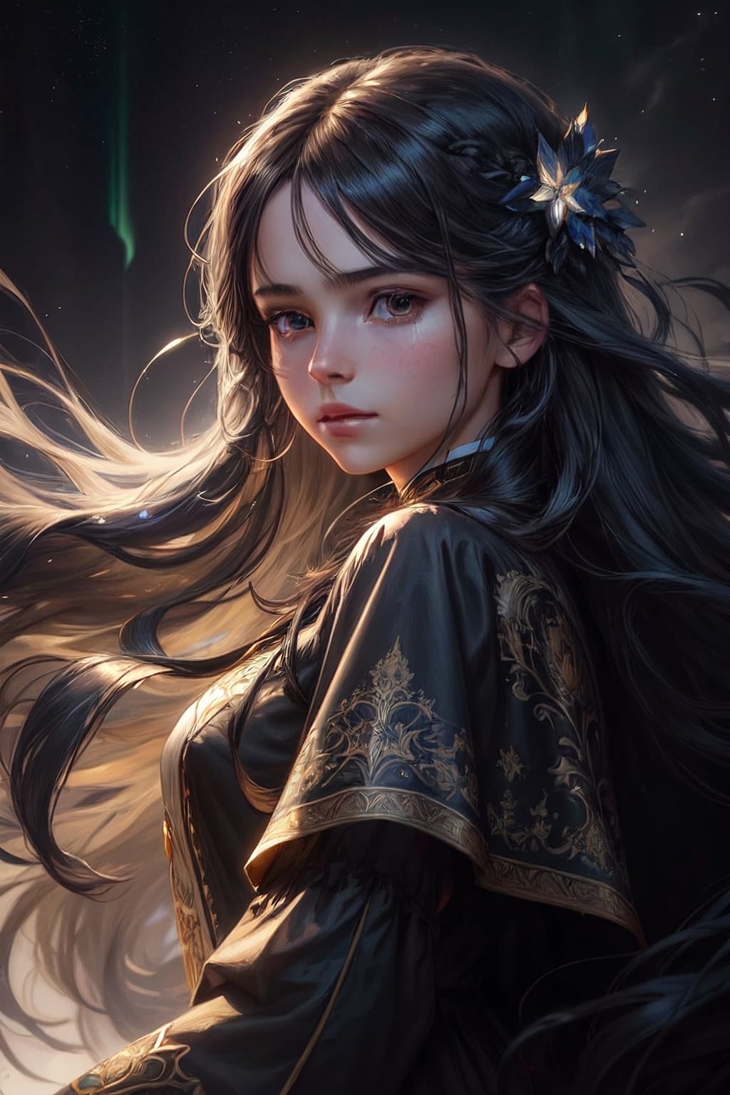 AI generated: (dark dim dramatic atmosphere)+ 8k portrait aurora, girl with super long hair, hair dissolving into ...